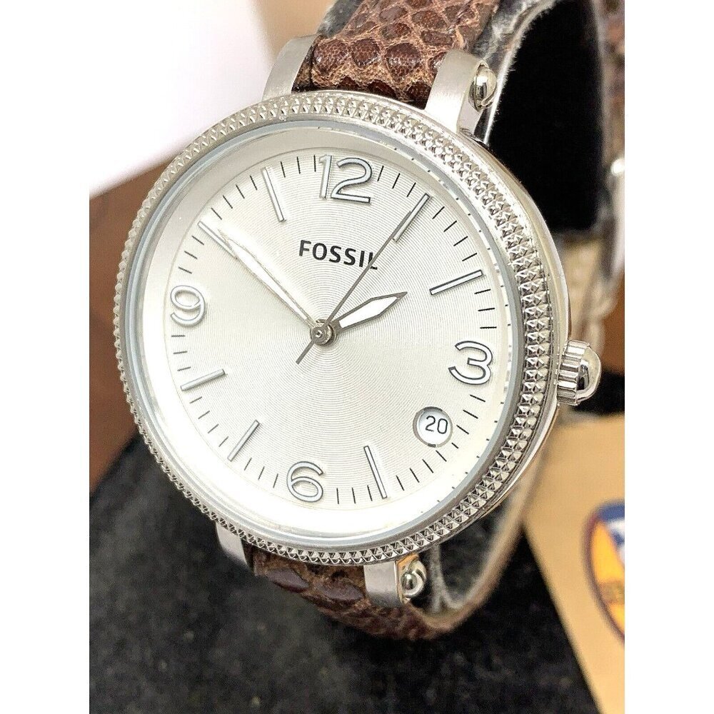 Fossil Womens Watch Es3184 Quartz Silver Dial Date Brown Leather Strap 34mm